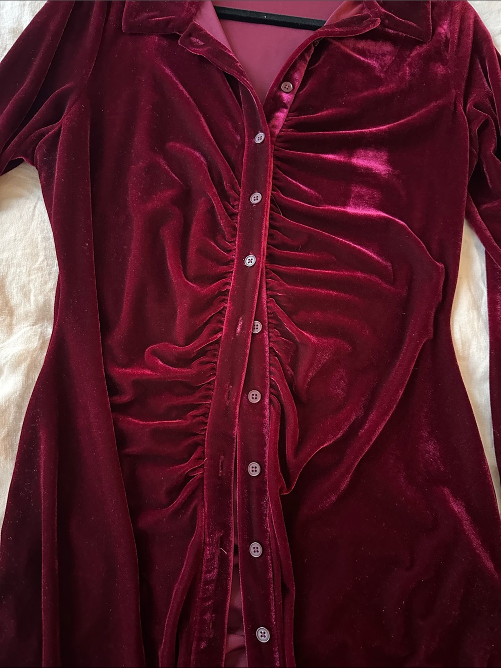 Reformation Deep Berry Velvet Button-Front Ruched Midi Dress - Picture 3 of 3